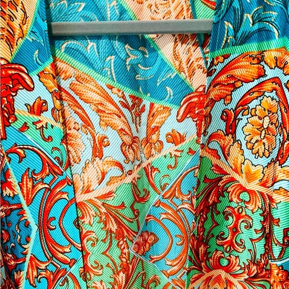 BooHoo Satin Midi Kimono Turquoise Print Duster Cover-Up Machine Washable Small - Picture 5 of 6